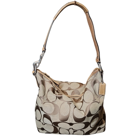 COACH SIGNATURE JACQUARD HOBO SHOULDER CANVAS BAG TAN BROWN F13082 y2k Preppy - Picture 1 of 16
